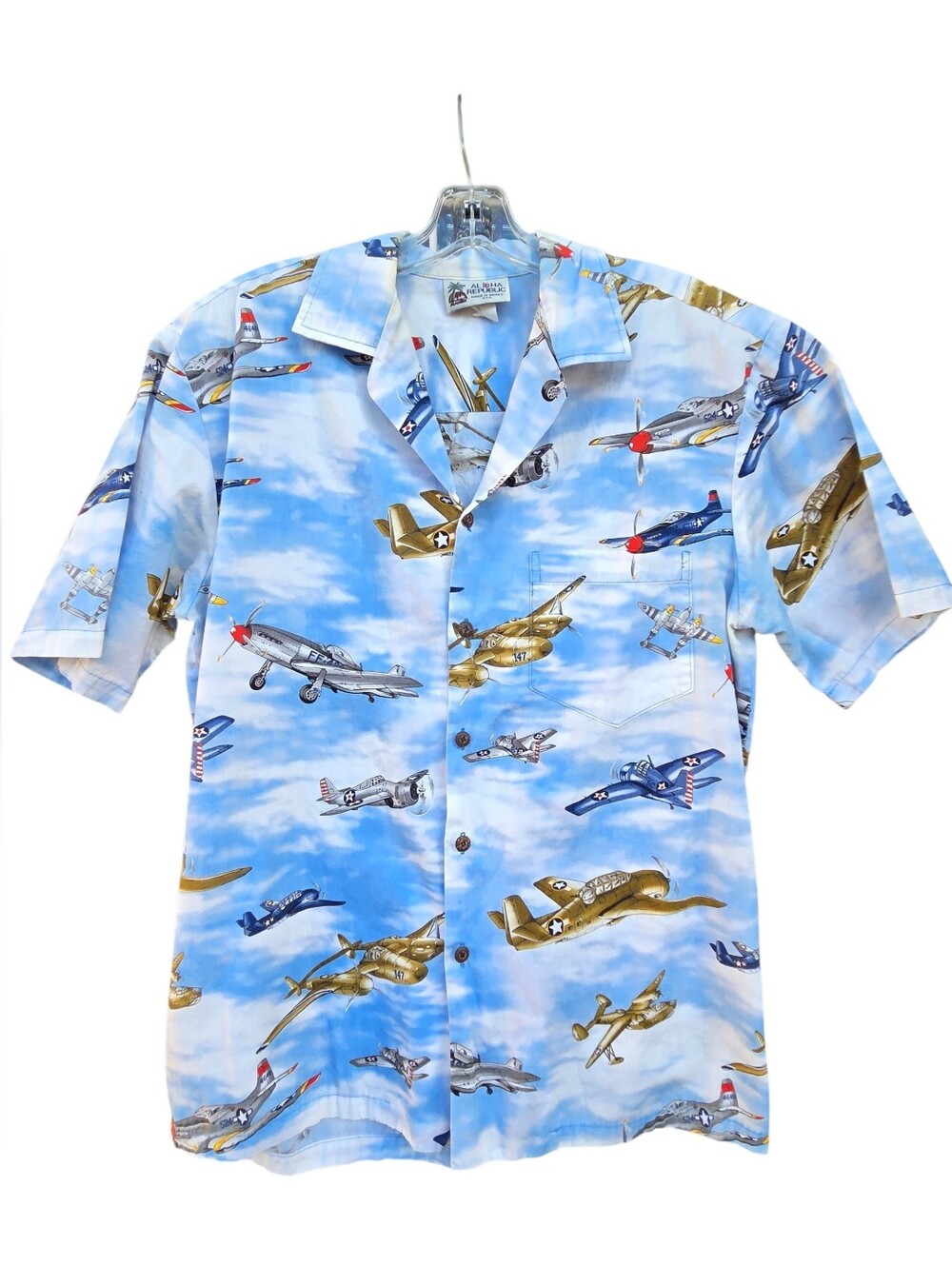 Sky Blue Vintage Plane Print Short-Sleeve Button-Down Shirt